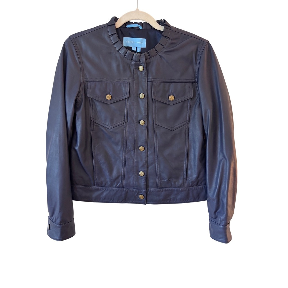 Draper James Navy Blue Lamb Leather Ruffle Collar Jacket Gold Buttons Small